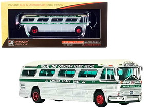 Iconic Replicas 87-0300  1959 GM PD4104 Motorcoach Bus "Hamilton" "Canada Coach Lines" Silver and Cream with Green Stripes "Vintage Bus & Motorcoach Collection" 1/87 (HO) Diecast Model