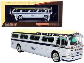 Iconic Replicas 87-0303  1959 GM PD4104 Motorcoach Bus "Boston" "Michaud Lines" Silver and Cream with Dark Blue Stripes "Vintage Bus & Motorcoach Collection" 1/87 (HO) Diecast Model