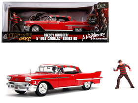 Jada JA31102  1958 Cadillac Series 62 Red with Freddy Krueger Diecast Figurine "A Nightmare on Elm Street" Movie 1/24 Diecast Model Car