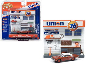 Johnny Lightning JLDR007-UNION76  1970 Dodge Coronet Super Bee Brown with White Top and "Union 76" Interior Service Gas Station Facade Diorama Set " 50th Anniversary" 1/64 Diecast Model Car