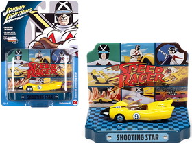 Johnny Lightning JLDR015-JLSP121  Racer X Shooting Star #9 Yellow with Collectible Tin Display "Speed Racer" 1/64 Diecast Model Car