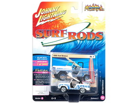 Johnny Lightning JLSF008-JLCP7099  1966 Ford Bronco with Surf Board White and Blue Designs "Street Freaks" Limited Edition to 3460 pieces Worldwide 1/64 Diecast Model Car