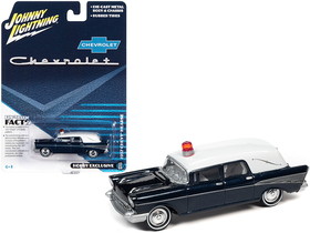 Johnny Lightning JLSP131  1957 Chevrolet Hearse Metisse Blue Metallic with White Top 1/64 Diecast Model Car
