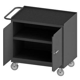 Durham 3100RM-5PU-95 Mobile Bench Cabinet with 5" x 1-1/4" Polyurethane casters, (2) rigid and (2) swivel, 2 shelves, 2 doors, black rubber mat top work surface with tubular push handle, gray