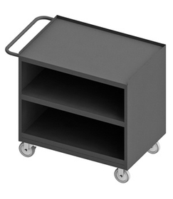 Durham 3111-95 Mobile Bench Cabinet with 5" x 1-1/4" Polyurethane casters, (2) rigid and (2) swivel, 2 shelves, no doors, steel top work surface with tubular push handle, gray