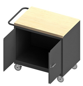 Durham 3112-MT-95 Mobile Bench Cabinet with 5" x 1-1/4" Polyurethane casters, (2) rigid and (2) swivel, 2 doors, maple top surface with tubular push handle, gray