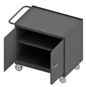 Durham 3113-95 Mobile Bench Cabinet with 5" x 1-1/4" Polyurethane casters, (2) rigid and (2) swivel, 2 shelves, 2 doors, steel top work surface with tubular push handle, gray