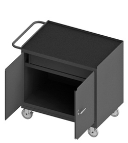 Durham 3115-RM-95 Mobile Bench Cabinet with 5" x 1-1/4" Polyurethane casters, (2) rigid and (2) swivel, 1 shelf, 1 drawer and 2 doors, black rubber mat top work surface