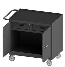 Durham 3116-RM-95 Mobile Bench Cabinet with 5" x 1-1/4" Polyurethane casters, (2) rigid and (2) swivel, 1 shelf, 2 drawers and 2 doors, black rubber mat top work surface with tubular push handle