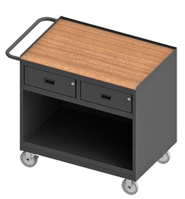 Durham 3117-TH-95 Mobile Bench Cabinet with 5" x 1-1/4" Polyurethane casters, (2) rigid and (2) swivel, 1 shelf and 2 drawers, tempered hard board top work surface