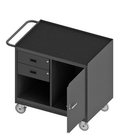 Durham 3118-RM-95 Mobile Bench Cabinet with 5" x 1-1/4" Polyurethane casters, (2) rigid and (2) swivel, 1 shelf and 1 storage area, 2 drawers and 1 door, black rubber mat top work surface