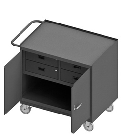 Durham 3119-95 Mobile Bench Cabinet with 5" x 1-1/4" Polyurethane casters, (2) rigid and (2) swivel, 1 shelf, 4 drawers and 2 doors, steel top work surface with tubular push handle, gray