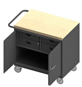 Durham 3119-MT-95 Mobile Bench Cabinet with 5" x 1-1/4" Polyurethane casters, (2) rigid and (2) swivel, 1 shelf, 4 drawers and 2 doors, maple top work surface with tubular push handle, gray