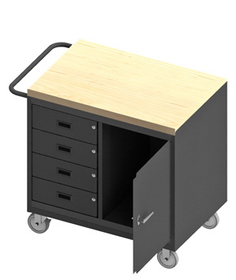 Durham 3121-MT-95 Mobile Bench Cabinet with 5" x 1-1/4" Polyurethane casters, (2) rigid and (2) swivel, 1 storage area with 1 door, 4 drawers, maple top work surface with tubular push handle, gray