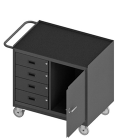 Durham 3121-RM-95 Mobile Bench Cabinet with 5" x 1-1/4" Polyurethane casters, (2) rigid and (2) swivel, 1 storage area with 1 door, 4 drawers, black rubber mat top work surface