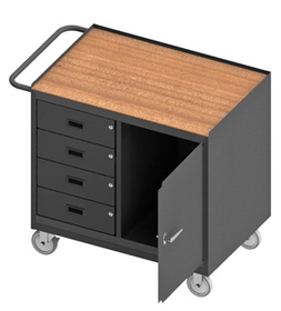 Durham 3121-TH-95 Mobile Bench Cabinet with 5" x 1-1/4" Polyurethane casters, (2) rigid and (2) swivel, 1 storage area with 1 door, 4 drawers, tempered hard board top work surface