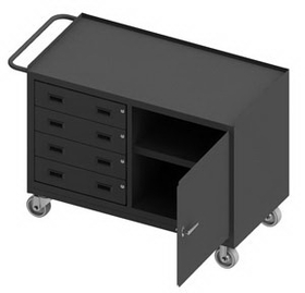 Durham 3401NVS-5PU-95 Mobile Bench Cabinet with 5" x 2" Polyurethane casters, (2) rigid and (2) swivel, 2 shelves in storage area with 1 door, 4 drawers, steel top work surface