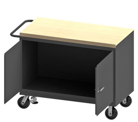 Durham 3411-MT-FL-95 Mobile Bench Cabinet with 5" x 1-1/4" Polyurethane casters, (2) rigid and (2) swivel, 2 doors, maple top surface and floor lock with tubular push handle, gray