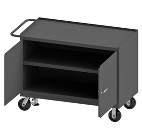 Durham 3412-FL-95 Mobile Bench Cabinet with 6" x 2" Phenolic casters, (2) rigid and (2) swivel, 2 shelves, 2 doors, steel top work surface and floor lock with tubular push handle, gray