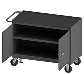 Durham 3412-RM-FL-95 Mobile Bench Cabinet with 6" x 2" Phenolic casters, (2) rigid and (2) swivel, 2 shelves, 2 doors, black rubber mat top work surface, floor lock with tubular push handle, gray