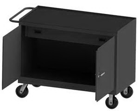 Durham 3413-RM-95 Mobile Bench Cabinet with 6" x 2" Phenolic casters, (2) rigid and (2) swivel, 1 shelf, 1 drawer and 2 doors, black rubber mat top work surface with tubular push handle, gray