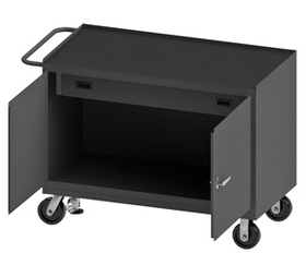 Durham 3413-RM-FL-95 Mobile Bench Cabinet with 6" x 2" Phenolic casters, (2) rigid and (2) swivel, 1 shelf, 1 drawer and 2 doors, black rubber mat top work surface and floor lock