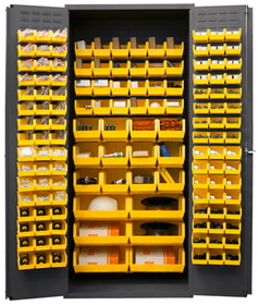 Durham 3500-138B-95 Heavy Duty Cabinet, 138 yellow Hook-On-Bins, 3-point locking system with keyed handle and lock rods, flush door style, gray