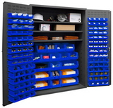 Durham 3502-138-3S-5295 Heavy Duty Cabinet, lockable with 3 adjustable shelves, 138 blue Hook-On-Bins, flush door style, gray