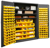 Durham 3502-138-3S-95 Heavy Duty Cabinet, lockable with 3 adjustable shelves, 138 yellow Hook-On-Bins, flush door style, gray