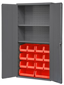 Durham 3602-BLP-14-2S-1795 Heavy Duty Cabinet, lockable, 2 adjustable shelves, 14 red Hook-On-Bins, flush door style, gray