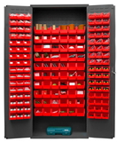 Durham 3603-156B-1795 Heavy Duty Cabinet, 156 red Hook-On-Bins, 3-point locking system with keyed handle and lock rods, flush door style, gray