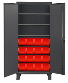 Durham 3702-16-3S-1795 Heavy Duty Cabinet, lockable, 3 adjustable shelves, 16 red Hook-On-Bins, flush door style, gray