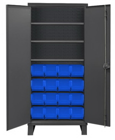 Durham 3702-16-3S-5295 Heavy Duty Cabinet, lockable, 3 adjustable shelves, 16 blue Hook-On-Bins, flush door style, gray