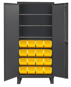 Durham 3702-16-3S-95 Heavy Duty Cabinet, lockable, 3 adjustable shelves, 16 yellow Hook-On-Bins, flush door style, gray