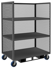 Durham 3STFP-EX3048-3-6PU-95 3 Sided Mesh Truck with 6" x 2" Polyurethane casters, (2) rigid, (2) swivel, 3 shelves and forklift pockets, assembled