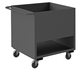 Durham 4SLT-2436-5PO-95 4 Sided Low Deck Truck with 5" x 1-1/4" Polyolefin casters, (2) rigid and (2) swivel with side brakes, 1 bottom shelf, 1 solid enclosed shelf and tubular push handle, gray