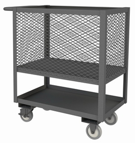 Durham 4SLT-EX1832-1.2K-95 4 Sided Mesh Low Deck Truck with 5" x 1-1/4" Polyurethane casters, (2) rigid and (2) swivel with side brakes, 1 mesh enclosed shelf, 1-1/2" lips up on bottom shelf