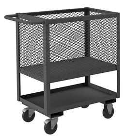 Durham 4SLT-EX1836-5PO-95 4 Sided Mesh Low Deck Truck with casters, (2) rigid and (2) swivel with side brakes, 5" x 1-1/4" Polyolefin 1 mesh enclosed shelf, 1-1/2" lips up on bottom shelf