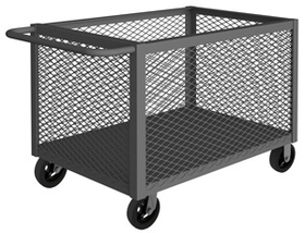 Durham 4ST-EX-2436-6MR-95 4 Sided Mesh Box Truck with 6" x 2" Mold-On-Rubber casters, (2) rigid and (2) swivel, 1 shelf and tubular push handle, gray