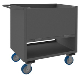 Durham 4STEDG-SM-2436-6PU-95 4 Sided Solid Box Truck with 6" x 2" Polyurethane casters, (2) rigid and (2) swivel, 2 shelves, tubular push handle and drop gate