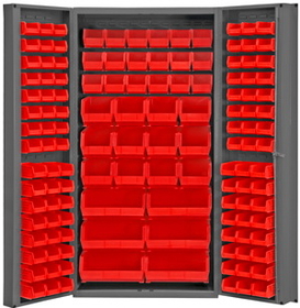 Durham DC-BDLP-132-1795 Heavy Duty Cabinet, 132 red Hook-On-Bins, 3-point locking system with keyed handle and lock rods, deep door style, gray