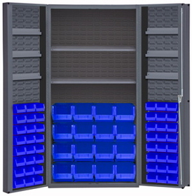 Durham DC36-642S6DS-5295 Heavy Duty Cabinet, lockable, 2 adjustable shelves and 6 door shelves, 64 blue Hook-On-Bins, deep door style, gray