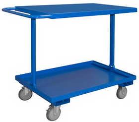 Durham EAS-2436-65T Easy Access Shelf Cart with 5" x 1-1/4" Polyurethane casters, (2) rigid and (2) swivel with side breaks, 2 shelves, 1-1/2" lips up on bottom shelf and tubular push handle, blue