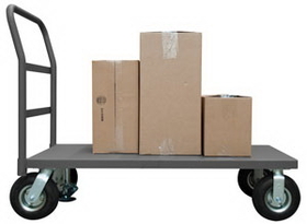 Durham EPTFL24488PN95 Platform Truck, with 8" Pneumatic casters, (2) rigid and (2) swivel, lips down and floor lock with removable, offset push handle, gray