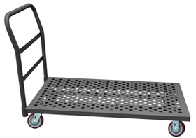 Durham EPTP24485PU95 Perforated Platform Truck with 5" X 1-1/4" Polyurethane casters, (2) rigid and (2) swivel, lips down with removable, tubular offset push handle, gray