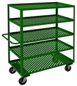 Durham GC-2448-5-6MR-83T Garden Cart with 6" x 2" Mold-on-rubber casters, (2) rigid and (2) swivel, 5 perforated shelves, 1-1/2" lips up and tubular push handle, green