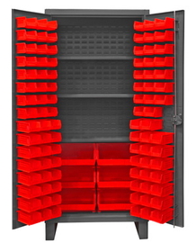 Durham HDC36-102-3S1795 Extra Heavy Duty Cabinet, lockable with 3 adjustable shelves, 102 red Hook-On-Bins, recessed door style, gray