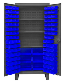 Durham HDC36-102-3S5295 Extra Heavy Duty Cabinet, lockable with 3 adjustable shelves, 102 blue Hook-On-Bins, recessed door style, gray