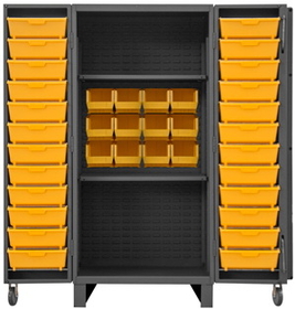 Durham HDC36-24DC24TB2S95 Extra Heavy Duty Cabinet, lockable with 2 adjustable shelves, 12 regular yellow bins and 24 Tilt-Bins, deep door style, gray