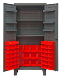 Durham HDC36-60-2S6D1795 Extra Heavy Duty Cabinet, lockable with 2 adjustable shelves and 6 door shelves, 60 red Hook-On-Bins, recessed door style, gray